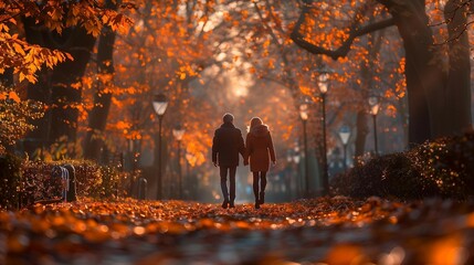 Romantic Walk Amongst Autumn Leaves, generative ai
