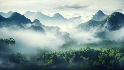 Floating fog mist smoke in high mountains rising above a green forest, fantasy serene landscape