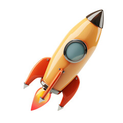 3d cartoon style minimal spaceship rocket icon. Toy rocket upswing ,spewing smoke. Startup, space, business concept.