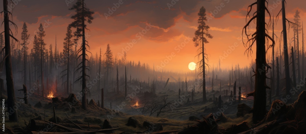 Wall mural a serene artwork depicting a lush forest with vibrant colors under a dramatic sunset sky