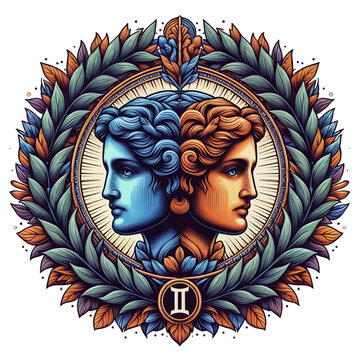 Round emblem or logotype with zodiac sign gemini (May 21 to June 21) for horoscope, publications, articles, store, website, clothing print, patch, postcards, tattoo, transparent background
