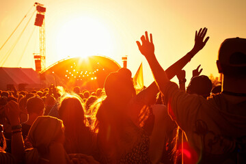 people in the sunsine at a concert at an open air festival.