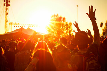 people in the sunsine at a concert at an open air festival.