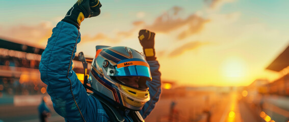 Triumphant racer exults in pit box win with helmet on at sundown - obrazy, fototapety, plakaty