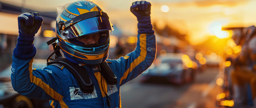 Victorious driver celebrates pit box win as sun sets in captivating picture