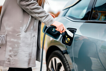 Woman's hand plugging in a charging lead to her electric car.