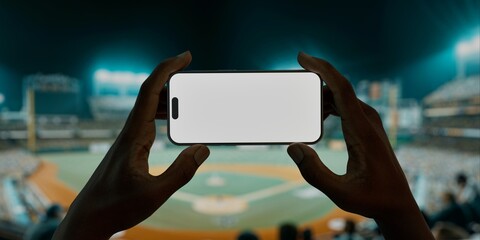 A hand holds a smartphone with a blank screen at a baseball stadium