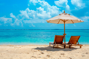 Two beach chairs on the tropical sand beach.