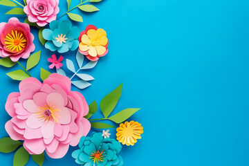 top view of multicolored bright paper cut flowers with green leaves on blue background with copy space.