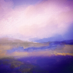 Impressionistic Landscape of Hills with a Lake & Cloud in Soft Hues of Purple & Yellow with Canvas Texture