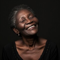 Obraz premium Featuring a happy African model aged 60, this skincare portrait highlights her brunette hair against a soft blue gradient backdrop