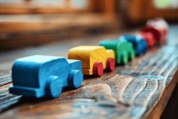 Selective focus shot of colorful wooden toy cars on a wooden surface