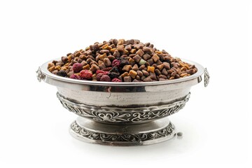 Silver bowl with pet food on white background