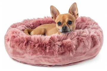 Small pink round pet bed for indoor cats isolated on white background
