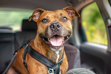 Staffordshire Bull Terrier happily secured in car with harness clip and seat cover - obrazy, fototapety, plakaty