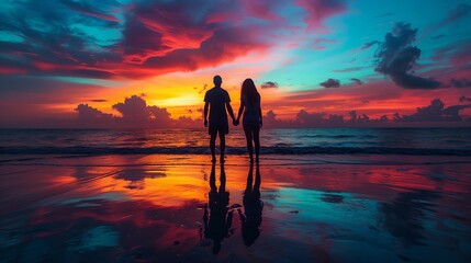 Silhouette of Young Couple at Sunset, generative ai