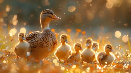 Enchanting Scene of Baby Ducks in Morning Light, generative ai - obrazy, fototapety, plakaty