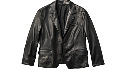 A black leather jacket hangs on a sleek hanger