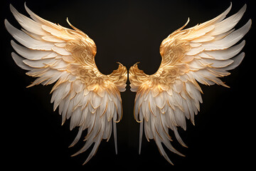 Embrace the celestial beauty of a pair of shimmering gold wings and feathers, gracefully portrayed against a transparent background  Generative AI, - obrazy, fototapety, plakaty