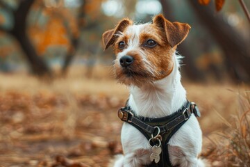 Terrier with tags and harness in the dog park - obrazy, fototapety, plakaty