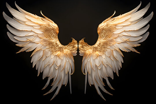 Fototapeta Embrace the celestial beauty of a pair of shimmering gold wings and feathers, gracefully portrayed against a transparent background  Generative AI,