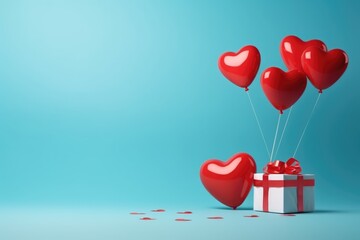 Blue background with red heart balloons tied to a white gift box, creating a cheerful Valentine's Day setting.