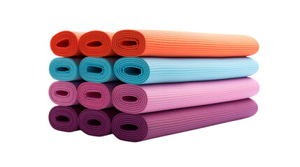 A stack of yoga mats in various colors and textures, neatly arranged on top of each other