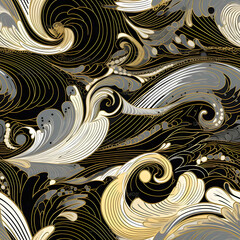 air wind pattern, Linocut, art nouveau, Wallpaper silver, gray, white, black, gold