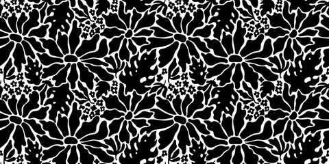 Flower pattern. Floral abstract seamless background. Groovy retro funky flower vector pattern. Daisy shape design with black matisse silhouette. Modern y2k graphic. Organic aesthetic floral background