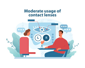 Contact Lens Usage Education Illustration. An optometrist educates a patient on the moderate use.