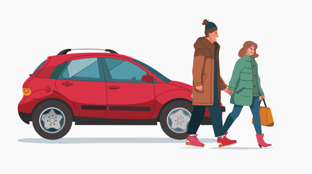 Illustration of a couple walking next to the car fl
