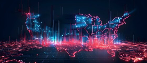 Futuristic USA Map Infographic: Complex Data Visualization with Abstract Graphics and Information Aesthetics. Concept USA Map, Infographic, Data Visualization, Abstract Graphics