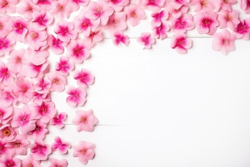 A frame made of pink flowers on a white wooden surface, spring concept.
