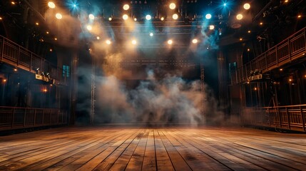 Empty stage for performing in front of the audience with lights and smoke