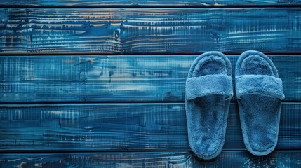 Top view cute blue slop sandals copy space on wood background. Generated AI image - obrazy, fototapety, plakaty