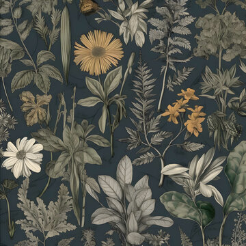 a seamless repeating pattern of botanical drawings
