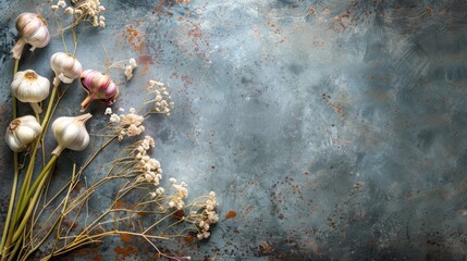Group dried garlic vegetable spice over old rustic texture background. AI generated image - obrazy, fototapety, plakaty
