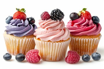 Three fruit filled cupcakes on white background - Powered by Adobe