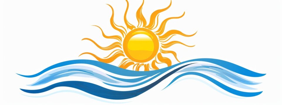 blue wave and sun logo in yellow color on white background Generative AI
