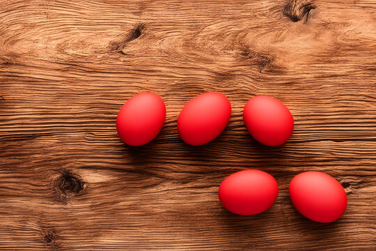 Red easter eggs on wooden background. Top view with copy space