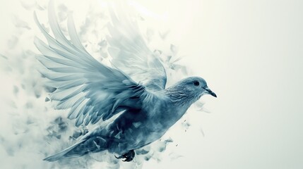 A Bird soars with spread wings, showcasing electric blue feathers, duoble exposure. No war concept.
