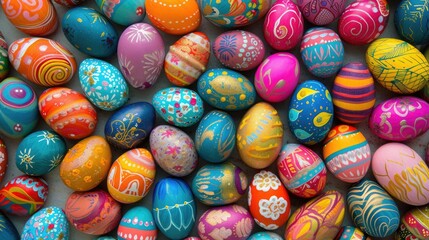 Fototapeta na wymiar A stack of vibrant Easter eggs made with natural food dyes and displayed in a colorful pattern. The eggs are sitting on a base of soft wool, creating a festive and artistic display AIG42E