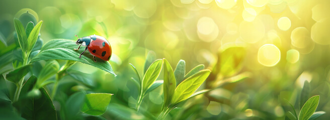 Small ladybird perches gracefully on sun-drenched foliage