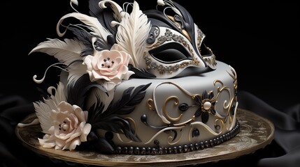 Masquerade ball cake with fondant masks, feathers, and elegant swirls.
