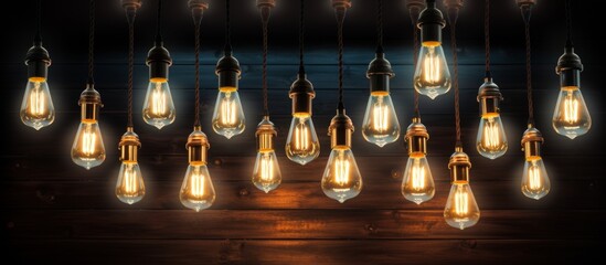 Multiple light bulbs glowing brightly while hanging from the ceiling in a close-up view, showcasing a unique and creative lighting concept
