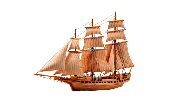Intricately crafted wooden sailboat model set against a crisp white background