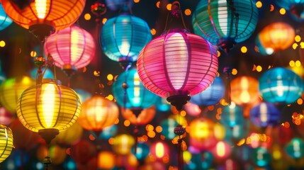 Vibrant festival lantern texture, with paper lanterns in a multitude of colors and patterns, lighting up the night sky in celebration of traditions created with Generative AI Technology - obrazy, fototapety, plakaty