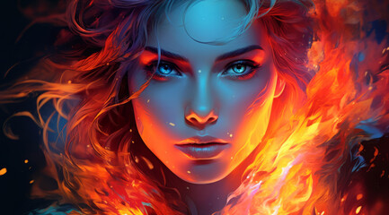 Icy Inferno: Bewitching Blue-eyed Woman Amidst Fiery Whirls