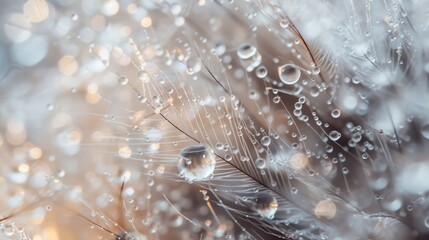 Macro view detailed of water droplets on white fluffy feathers texture background. AI generated
