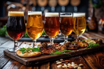Craft beer tasting. Different types of beer in glasses on a wooden table.